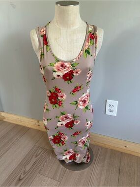 Sleeveless Taupe Floral Midi Dress with Red & Pink Blooms